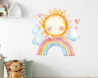 Rainbow Wall Sticker Nursery Decal Sun Clouds Watercolor Art Kids Room Wall Decor