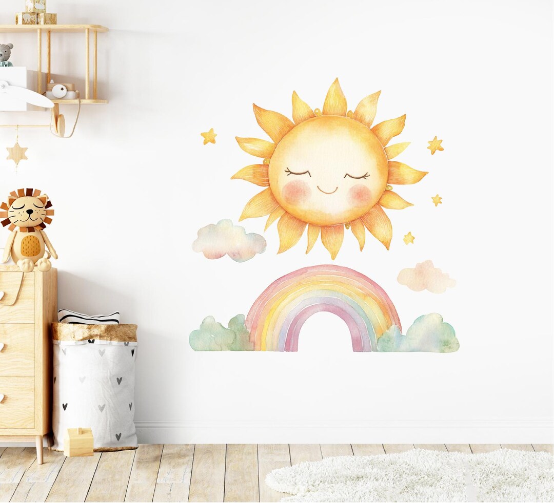 Rainbow Wall Decal Nursery Sticker Sun Watercolor Art Kids Room Wall ...