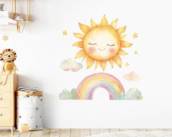 Rainbow Wall Decal Nursery Sticker Sun Watercolor Art Kids Room Wall Decor