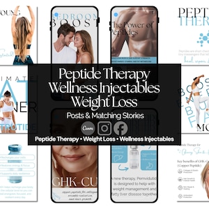 Puede incluir: Un gráfico promocional con el texto «Peptide Therapy Wellness Injectables Weight Loss». El gráfico incluye imágenes de personas, ilustraciones médicas y texto sobre péptidos, pérdida de peso y bienestar.