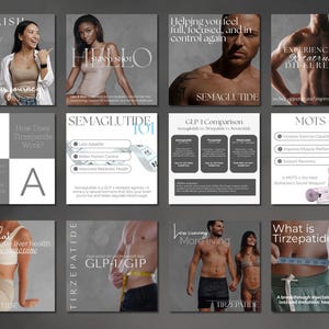 May include: A collection of promotional images with text about weight loss and metabolic health. The images feature people, text, and graphics. The text includes "Nourish Your Body", "Semaglutide", "Retatrutide", and "Tirzepatide".