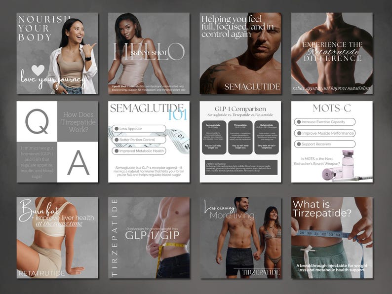 May include: A collection of promotional images with text about weight loss and metabolic health. The images feature people, text, and graphics. The text includes "Nourish Your Body", "Semaglutide", "Retatrutide", and "Tirzepatide".