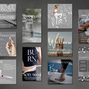 May include: A collection of gray and white promotional graphics with text about weight loss, wellness, and health. Images include text like "Game Changer," "Vitamin B12," and "Small Steps Today." The overall theme is health and wellness.