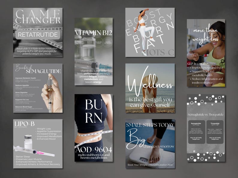 May include: A collection of gray and white promotional graphics with text about weight loss, wellness, and health. Images include text like "Game Changer," "Vitamin B12," and "Small Steps Today." The overall theme is health and wellness.