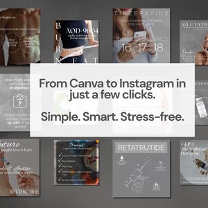 May include: A collection of gray square graphics with text and images related to weight loss and health. The central graphic reads "From Canva to Instagram in just a few clicks. Simple. Smart. Stress-free."