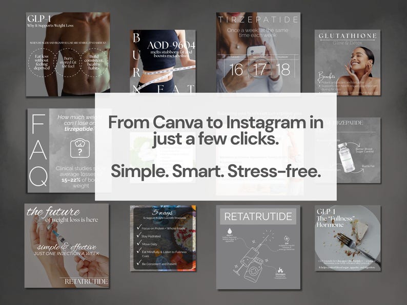 May include: A collection of gray square graphics with text and images related to weight loss and health. The central graphic reads "From Canva to Instagram in just a few clicks. Simple. Smart. Stress-free."