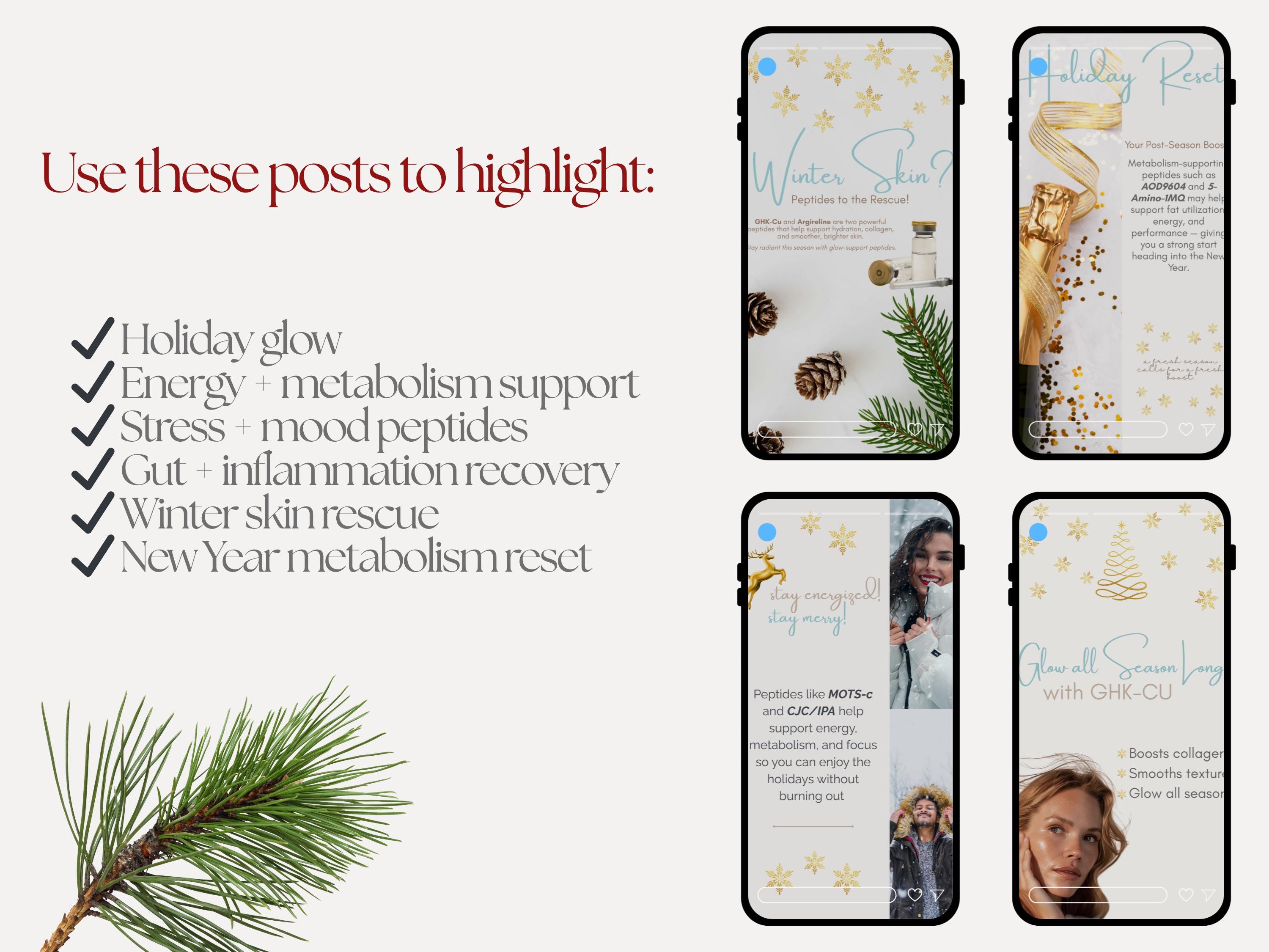 Peptide Therapy Holiday Mini Instagram Templates | Christmas Wellness Posts | Ghk-cu, Bpc-157, Kpv, AOD, | Canva - Etsy Peptide Therapy Holiday Mini Instagram Templates | Christmas Wellness Posts | Ghk-cu, Bpc-157, Kpv, AOD, | Canva - Etsy