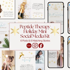 Può includere: Un kit di social media con sei post e sei storie abbinate. Il kit presenta immagini con testo che promuove la terapia peptidica, inclusi benefici come l'aumento del collagene e l'attenuazione della consistenza. Il kit include immagini con donne e temi festivi.