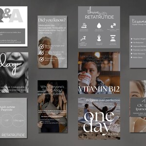 May include: A collection of informational graphics in grayscale. Topics include weight loss, peptides, and wellness. One graphic features the text "Q&A", another says "today", and others discuss Semaglutide and Vitamin B12.