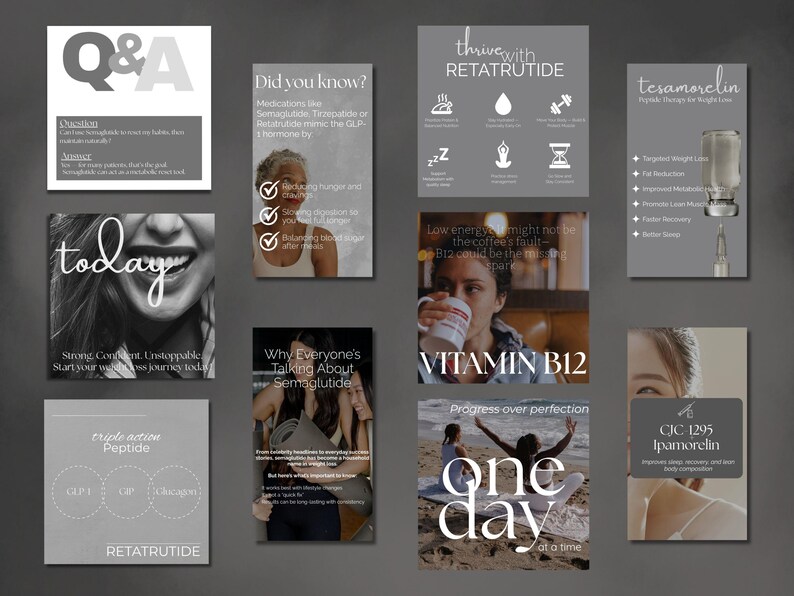 May include: A collection of informational graphics in grayscale. Topics include weight loss, peptides, and wellness. One graphic features the text "Q&A", another says "today", and others discuss Semaglutide and Vitamin B12.