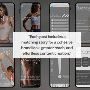 May include: A series of smartphone screen mockups with health and wellness content. The screens feature images of people, text, and graphics related to weight loss, fitness, and medication. The text includes phrases like "Skinny Shot" and "Retatrutide."