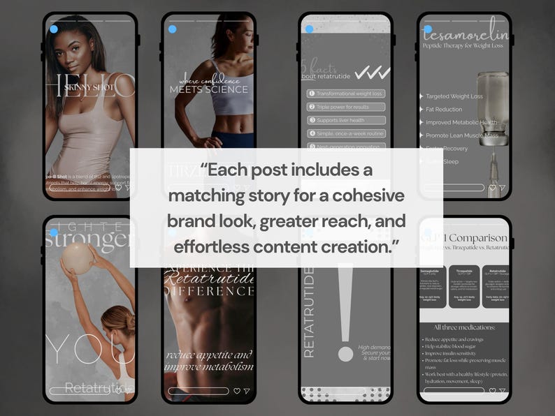 May include: A series of smartphone screen mockups with health and wellness content. The screens feature images of people, text, and graphics related to weight loss, fitness, and medication. The text includes phrases like "Skinny Shot" and "Retatrutide."