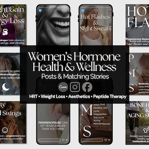 Puede incluir: Un gráfico promocional para la salud y el bienestar hormonal de la mujer, con varias publicaciones en redes sociales. Los temas incluyen aumento de peso, sofocos, sueño, ansiedad y salud ósea. Las publicaciones destacan la THR, la pérdida de peso, la estética y la terapia con péptidos.