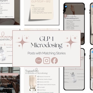 May include: A collection of social media posts about GLP-1 microdosing, featuring text and graphics. The posts highlight benefits like reduced inflammation and better sleep. The color palette includes beige, pink, and white.