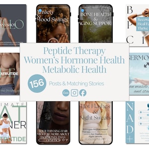 May include: A collection of social media posts and stories on the topics of peptide therapy, women's hormone health, and metabolic health. The images feature text like "Skinny Shot", "Anxiety Mood Swings", and "Hot Flashes & Night Sweats". The central graphic displays "156 Posts & Matching Stories".