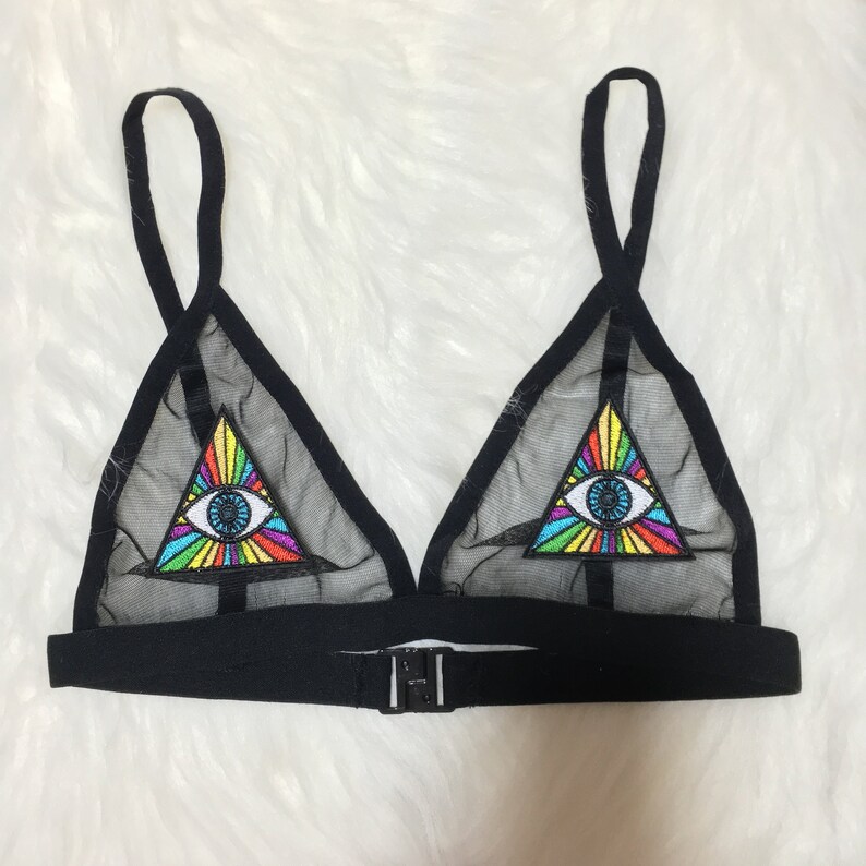 Sale Triangle Eyes Black Sheer Fishnet Bra. Rave Bra EDM Festival Bra Pole Dance Bra Mesh Bra Patch Bra Unpadded Bra Triangle Lace Bralette