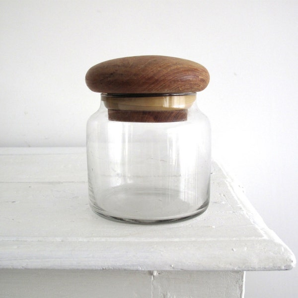 Vintage Glass Jar with Wood Top - Mid Century Clear Glass Bottle with Wood Top