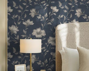Navy Blue Botanical Wallpaper: Vintage Floral Pattern, Peel and Stick Material