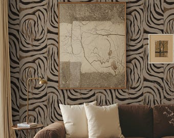 Luxury Watercolor Zebra Stripe Wallpaper: Earth Tone Animal Print Wall Covering for Living Room