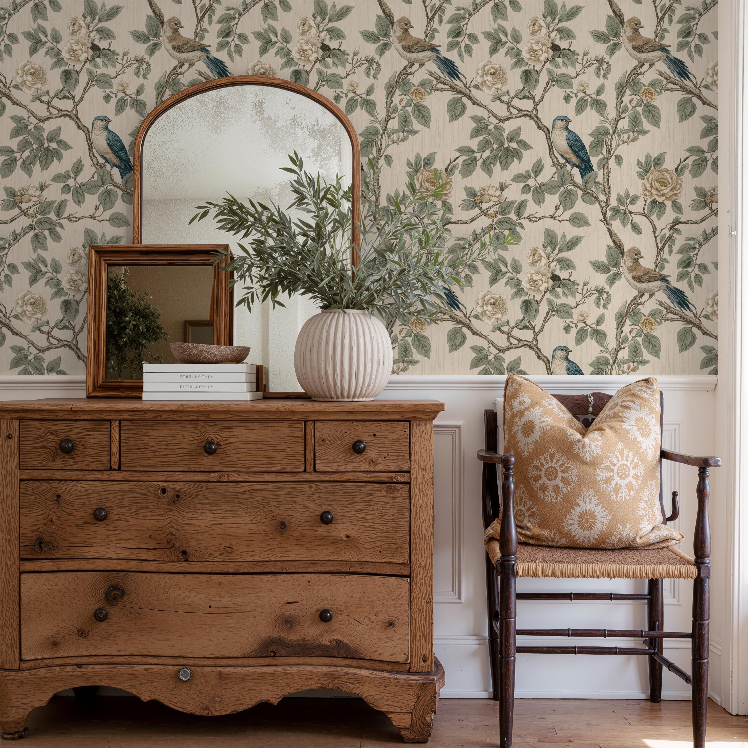 Vintage Chinoiserie Wallpaper: Peel and Stick Bird and Floral Pattern ...