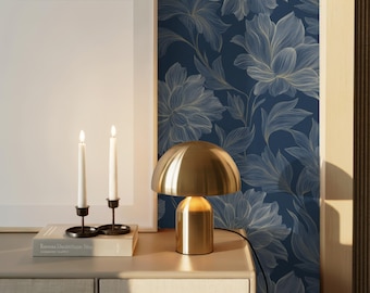 Navy Floral Wallpaper: Gold Line Leaf Pattern