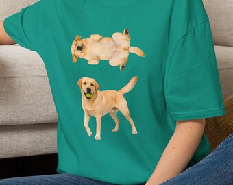 Playful Labrador Retriever T-Shirt  Yellow Lab Belly Up & Tennis Ball Dog Tee