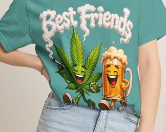 T-shirt met wietblad en bierpul van Best Friends | T-shirt met afbeelding van cannabisbier