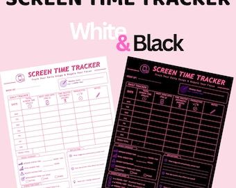 Schermtijdtracker afdrukbare digitale download zwart-wit ontwerp. Digitale detoxplanner | Telefoongebruikslogboek