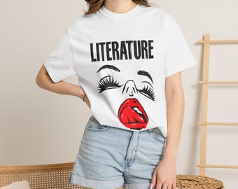 Literature Graphic T-Shirt, Book Lover Shirt, Red Lips Art, Literary Statement Tee