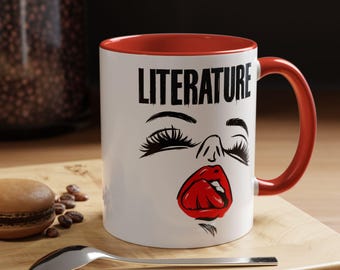 Literature Coffee Mug, Book Lover Gift, Red Lips Art Mug, Literary Gift for Readers