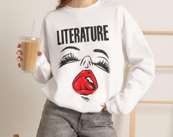 Literature Graphic Sweatshirt, Bookish Statement Crewneck, Red Lips Art, Book Lovers Sweatshirt