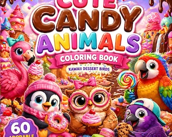 Schattige snoepdieren kleurboek | Kawaii-dieren, 60 ontspannende scènes (digitale download)