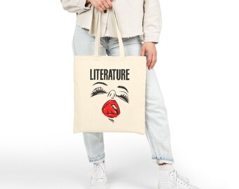 Literature Red Lips Face Illustration Cotton Canvas Tote Bag