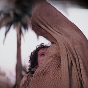 Peut inclure: Une personne est partiellement couverte par un tissu brun, seul son visage et ses cheveux bouclés sont visibles. L'arrière-plan présente un palmier et un paysage désertique, suggérant un cadre historique ou biblique.