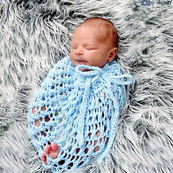 Swaddling Sack/Cocoon/Baby Wrap/Photography Prop/Blue Crochet Sack (fits baby 0-1 month)