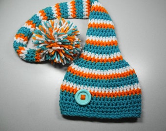 Stocking Hat/Long Tail Hat with pom pom/Aqua, Orange and White Hat/Elf Hat/Pom Hat (fits babies to adults)