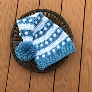 Elf Hat/Long Tail Stocking Hat/Stocking Cap/Stocking Hat in Blue and White (6-12 months, Toddler, Child, Medium Adult)