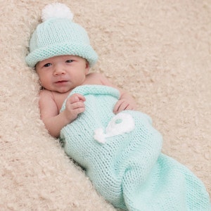 Baby Set - Mint Green Knit Cocoon and matching Hat  (fits baby 0-4 months) with white whale
