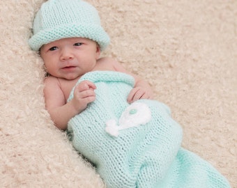 Baby Set - Mint Green Knit Cocoon and matching Hat  (fits baby 0-4 months) with white whale