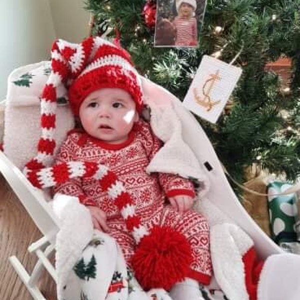 Long Tail Stocking Hat/Stocking Hat/Stocking Cap/Elf Hat/Santa Hat/Red and White Stocking Hat (fits babies to Adult)