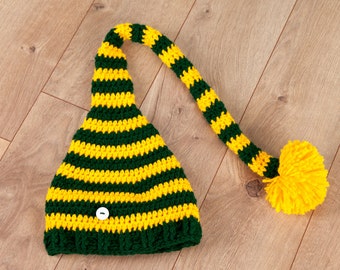 Stocking Hat/Long Tail Hat//Stocking Cap/Pom Hat/Elf Hat/Green and Yellow Hat (fits babies to adult)