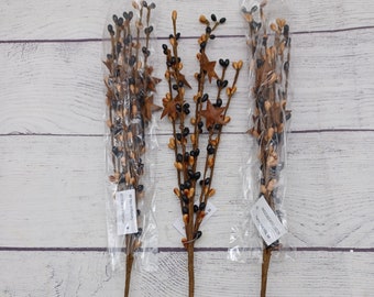 3 Black and Tan with Rusty Stars 18 inch Pip Berry Picks  - Sprays - Stems, Country Primitive Craft Floral Arrangement Woodworking Supply