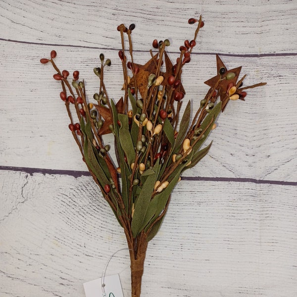 Pip Berry Bunch Pick in Burgundy, Tan, Green - Stem, Leaves, 1.5" Rusty Stars, 10 inch, New, Floral Craft Supply, Farmhouse Decor