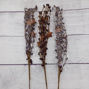 3 Burgundy and Rusty Stars 18 inch Pip Berry Picks  - Sprays - Stems, Country Primitive Craft Floral Arrangement Woodworking Supply