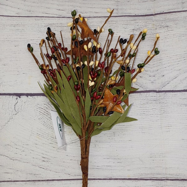 Pip Berry Bunch Pick in Burgundy, Cream, Green, Black - Stem, Leaves, 1.5" Rusty Stars, 10 inch, New, Floral Craft Supply, Farmhouse Decor