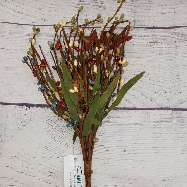 Pip Berry Bunch Pick in Cream, Blue, Burgundy, Green - Stem, Leaves, 1.5" Rusty Stars, 10 inch, New, Floral Craft Supply, Farmhouse Decor
