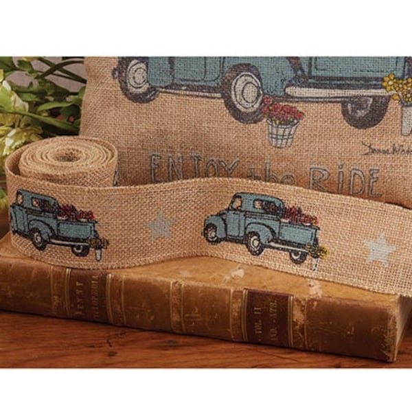 Blue Truck Burlap Ribbon Roll, 2"x10' Finished Edge, Floral Woodworking Craft Supply, Bow Making, Vintage Truck with Flowers, Rustic