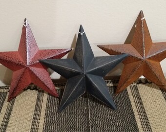 Rusty Set of 4 Metal 3.5/" Barn Stars Burgundy Mustard Ornaments Black