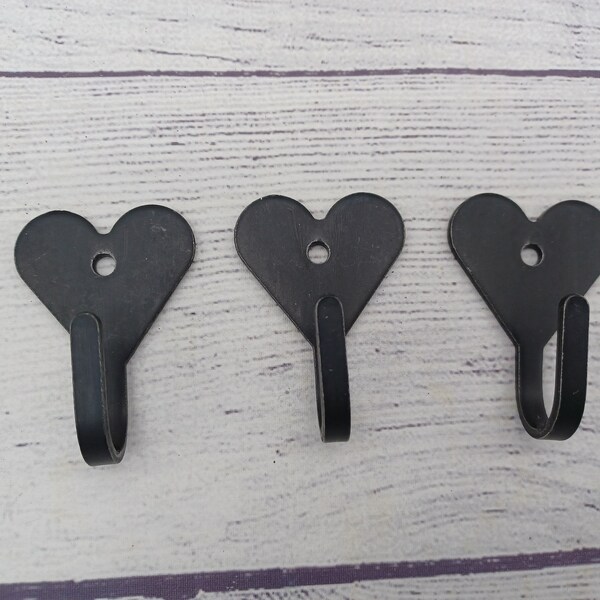 Set of 3 Small Wrought Iron Heart Hooks with Holes, Reproduction Hardware, Craft Woodworking Supply, New, Black Heart Hooks