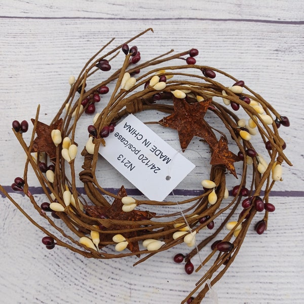 2.5" Burgundy and Ivory White Pip Berry with 1" and 1.5" Rusty Stars Candle Ring, Craft Supply, Country, Floral Supply, Farmhouse